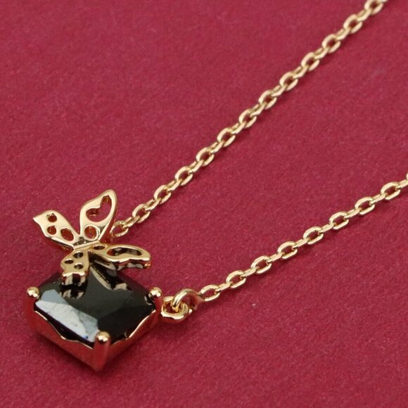 Elegant Rose Gold Necklace with Black Stone and Bow Design, XPNL0406 - Picture 1 of 12